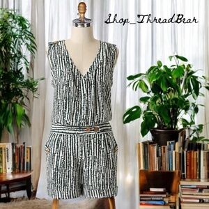 EUC. Ett Twa {Anthro} Green & White Striped V-Neck Romper + Pockets | XS · 2